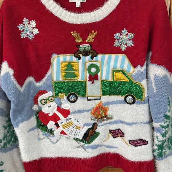 NWT Christmas Sweater Santa by a fire with a camper with Sequins sz Large - Picture 9 of 15
